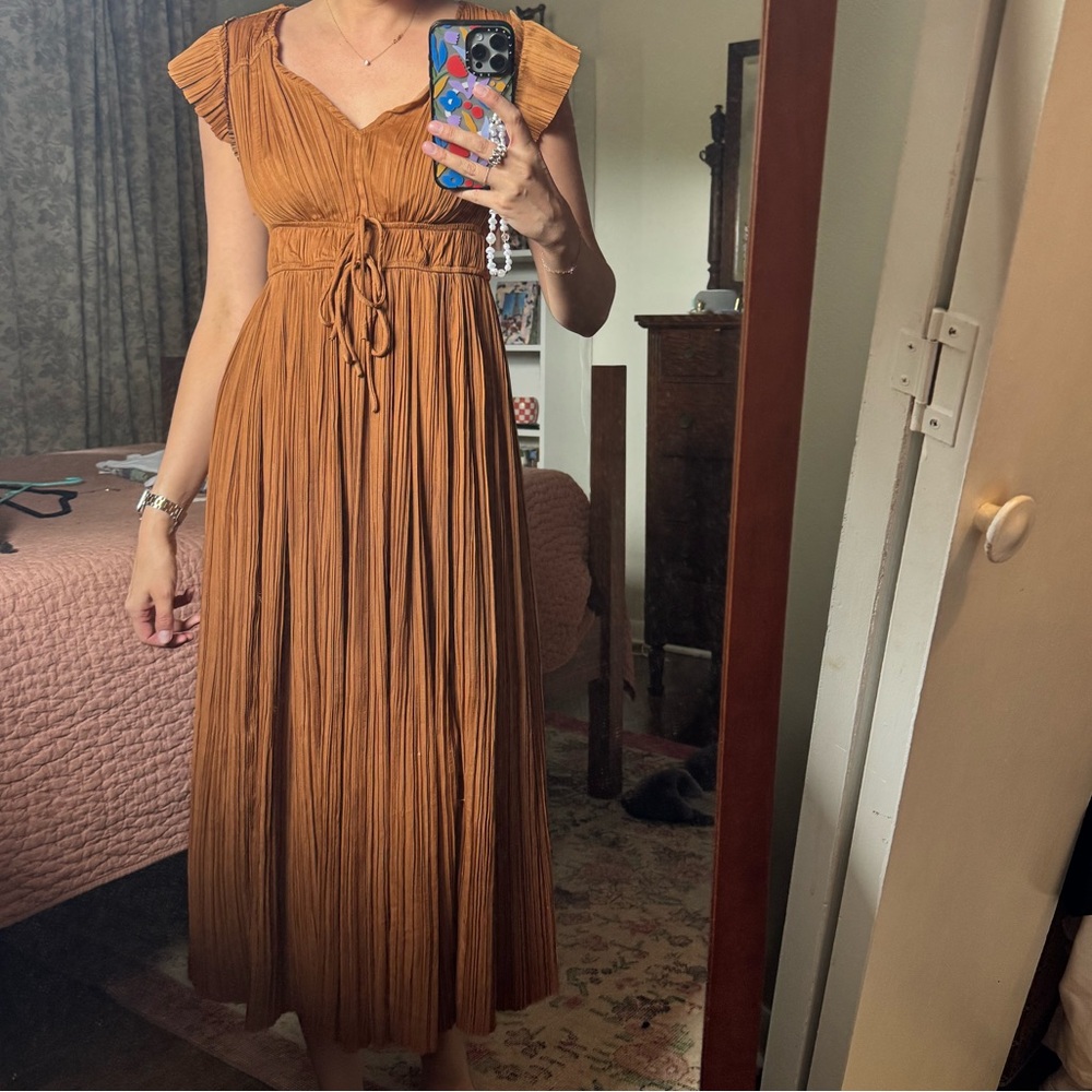 Moon River Brown Pleated Sundress with Sweetheart Neckline